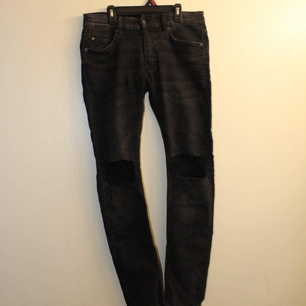 H&M‎ Slim Fit Distressed Black Jeans Ripped Knees Men’s Size 29 Stretch Denim